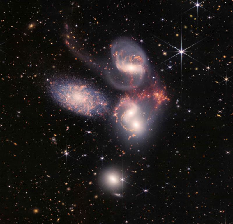 Stephan's quintet, captured by the James Webb Space Telescope, is a visual grouping of five galaxies