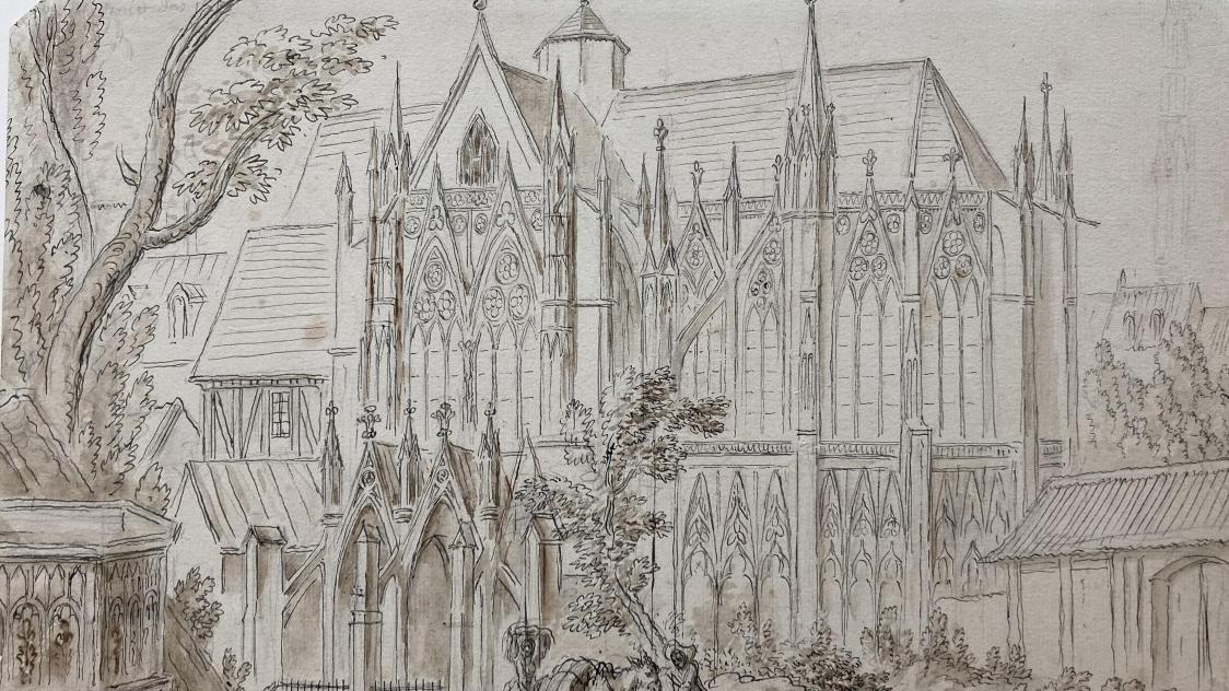 La basilique Saint-Urbain, vue du sud. À gauche, l’édicule gothique non identifié pourrait être une création de Pierre Lélu.