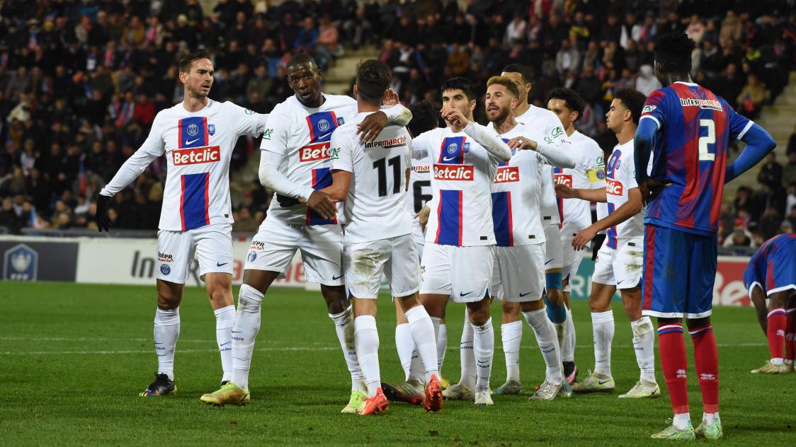 Paris Saint-Germain players celebrate their second goal against Châteauroux in the Coupe de France on Friday January 6.