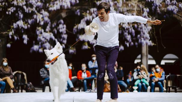 Dans Connexio, Vladimir Couprie et son chien rivalisent de talent et de complicité dans un grand spectacle de diabolo.