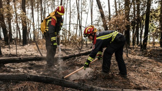 Des pompiers allemands s’attaquent aux points chauds persistants dans la forêt près de Belin-Beliet, en Gironde