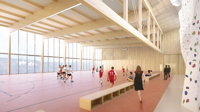 La plus grosse opération prévue en 2023 est le lancement de la reconstruction des gymnases de la cité scolaire Gaston Bachelard, estimée à 10 800 000 euros TTC.  Projection graphique  : Cabinet 5-Cinq Architecture