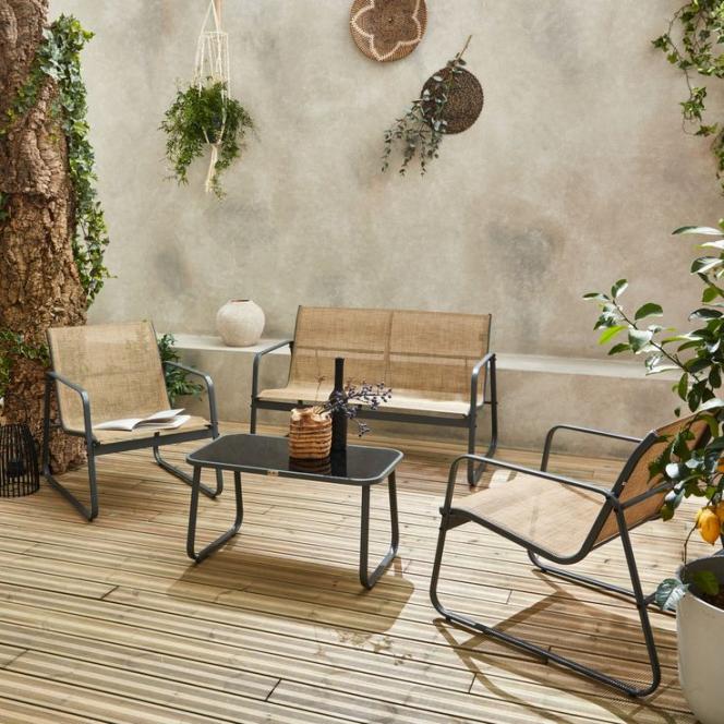 Salon de jardin en métal  et textilène pour 4 personnes, anthracite et naturel, design   _ sweeek.jpg